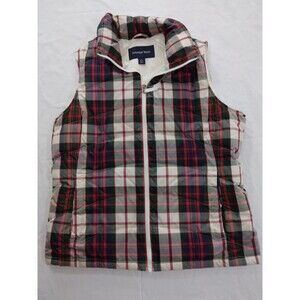 Lands End Red Green Ivory Plaid Goose Down Puffer Vest Womens Size Large 14/16